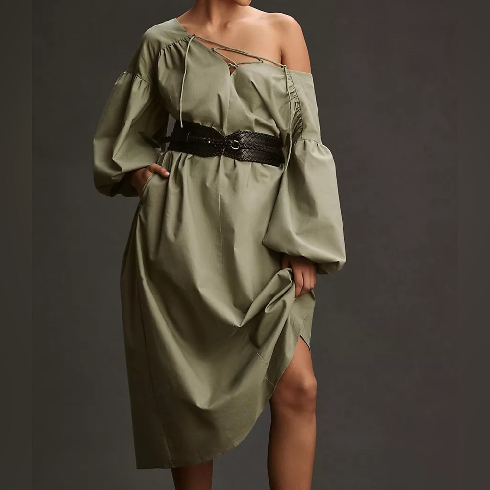 Anthro Oversized Mare Mare Puff Sleeve Tie Front Midi Dress NWOT
